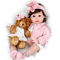 Aori Newborn Baby Doll 22inch Handmade Realistic Girl Baby Doll Teddy Bear Set G