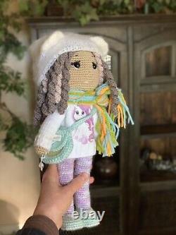 Doll Amigurumi Crochet Handmade Toy Stuffed Bear Curly Hair Winter Outfit